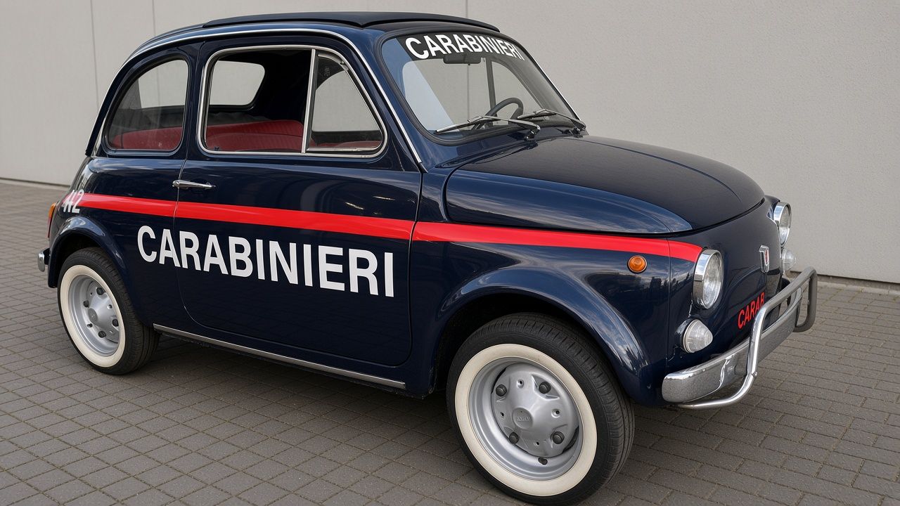 Blauwe Fiat 500 in Carabinieri-uitvoering met rode bies en witte banden